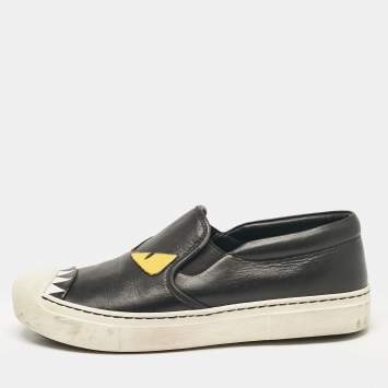 Pre Owned Fendi Black Leather Monster Slip On Sneakers 38.5