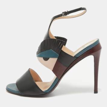 مملوكة مسبقًا Fendi Multicolor Lizard Embossed and Leather Monster Bug Ankle Strap Sandals Size 39