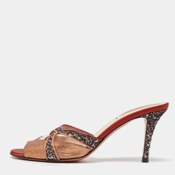 Pre Owned Fendi Multicolor Metalic Leather and Glitter Slide Sandals Size 40
