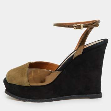 Pre Owned Fendi Brown Patent Leather and Suede Fendista Platform Wedge Sandals Size 40