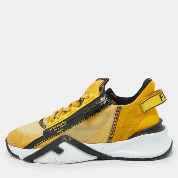 Pre Owned Fendi Yellow/Black Fabric and Mesh Flow Low Top Sneakers Size 40