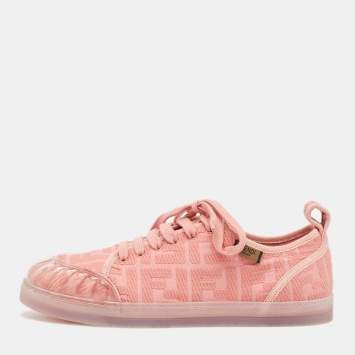 Pre Owned Fendi Pink PVC and Canvas FF Logo Lace Up Sneakers Size 40