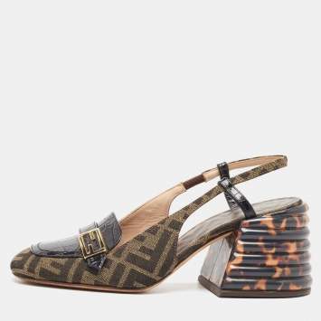Pre Owned Fendi Tobacco/Black Croc Embossed Leather and Canvas Promenade FF Motif Slingback Sandals Size 38