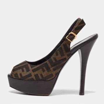 Pre Owned Fendi Tobacco Zucca Canvas Fendista Platform Slingback Sandals Size 39