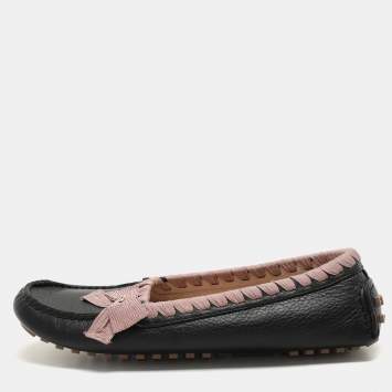Pre Owned Fendi Black/Pink Leather and Fabric Bow Loafers Size 40