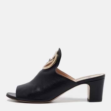 Pre Owned Fendi Black Leather F Logo Open Toe Mules Size 36.5