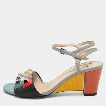 Pre Owned Fendi Multicolor Lizard Embossed and Leather Fantasia Studded Ankle Strap Sandals Size 37.5
