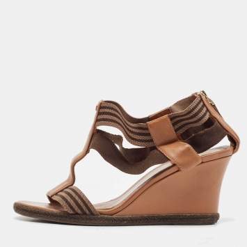 Pre Owned Fendi Brown Leather and Stretch Fabric Wedge Sandals Size 37