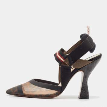 Pre Owned Fendi Brown/Black Zucca Mesh and Leather Colibri Slingback Pumps Size 38
