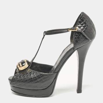 Pre Owned Fendi Black Croc Embossed Leather Peep Toe Sandals Size 37