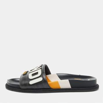 Pre Owned Fendi Black Leather Mania Motif Flat Slide Sandals Size 36.5
