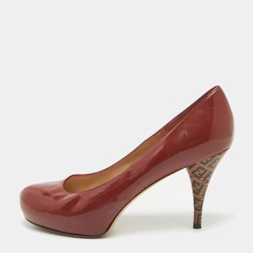 Pre Owned Fendi Rust Brown Patent Leather Zucca Heel Platform Pumps Size 39