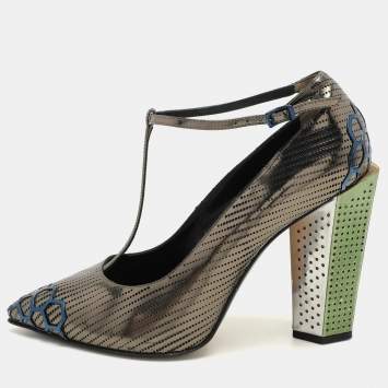 Pre Owned Fendi Metallic Perforated Leather T-Strap Pumps Size 41
