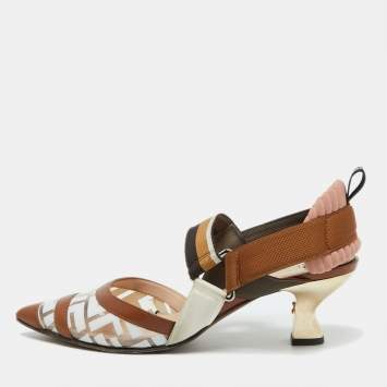 Pre Owned Fendi Brown/White Zucca PVC, Leather and Fabric Colibri Slingback Pumps Size 38