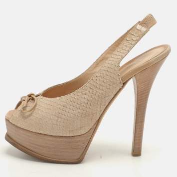 Pre Owned Fendi Light Beige Python Embossed Leather Fendista Platform Pumps Size 37.5
