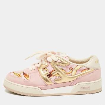 Pre Owned Fendi Pink/Gold Leather and Suede Fendace Lace Up Sneakers Size 38