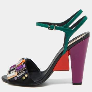 Pre Owned Fendi Multicolor Satin Fantasia Crystal Embellished Ankle Strap Sandals Size 39.5