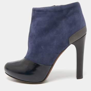 Pre Owned Fendi Navy Blue/Blue Leather and Suede Ankle Length Boots Size 37.5