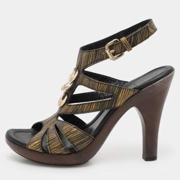 Pre Owned Fendi Black/Yellow Leather Embellished Ankle Strap Sandals Size 39