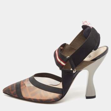 Pre Owned Fendi Black/Brown Zucca Mesh and Fabric Colibri Pumps Size 38