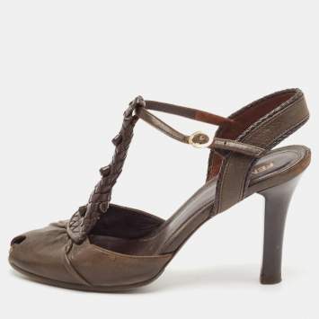 Pre Owned Fendi Brown Leather T Strap Peep Toe Ankle Strap Sandals Size 38