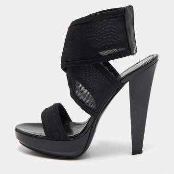 Pre Owned Fendi Black Mesh and Patent Ankle Strap Sandals Size 38