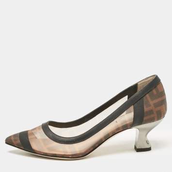 Pre Owned Fendi Brown/Black Leather and Mesh Colibri Pumps Size 35