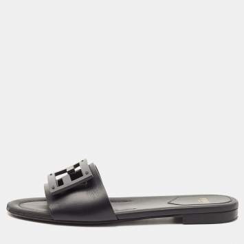 Pre Owned Fendi Black Leather Logo Flat Slides Size 36.5
