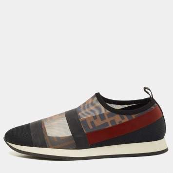 Pre Owned Fendi Multicolor Zucca Mesh And Leather Colibri Slip On Sneakers Size 39