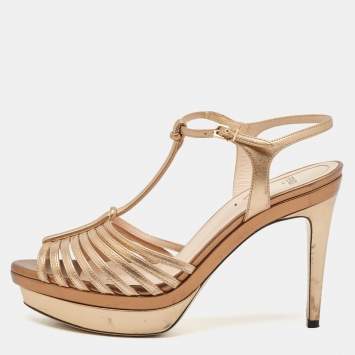 Pre Owned Fendi Gold/Bronze Leather Strappy T-Bar Platform Sandals Size 39