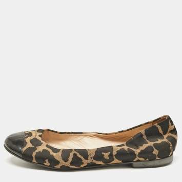 Fendi Brown/Black Patent Leather And Canvas Leopard Print Cap Toe Ballet Flats Size 39
