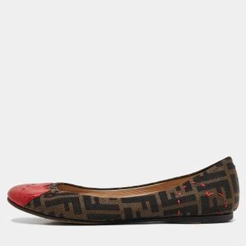 مملوكة مسبقًا Fendi Brown/Red Zucca Canvas and Leather Heart Cap Toe Ballet Flats Size 40