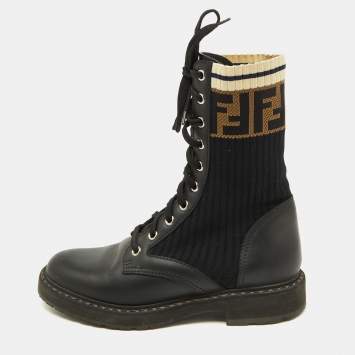 Pre Owned Fendi Black Leather and Zucca Stretch Fabric Rockoko Combat Boots Size 35.5