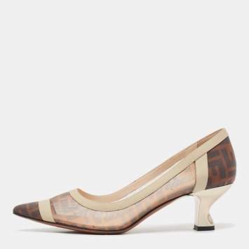 Pre Owned Fendi Brown/Beige Zucca Mesh and Leather Colibri Pointed Toe Pumps Size 40