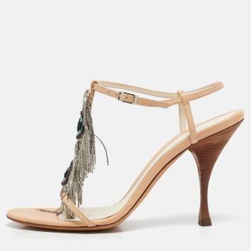 Pre Owned Fendi Beige Leather Embellished Ankle Strap Sandals Size 40