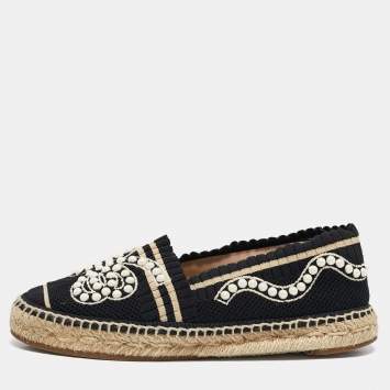 Pre Owned Fendi Black/Beige Knit Fabric Pearl Embellished Espadrille Flats Size 36