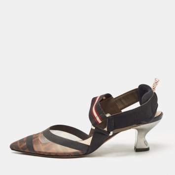 Pre Owned Fendi Black/Brown Zucca Mesh and Leather Colibri Pumps Size 37.5