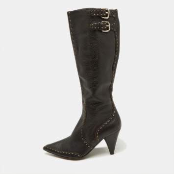 Pre Owned Fendi Dark Brown Leather Buckle Detail Knee Length Boots Size 37