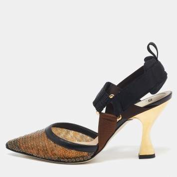 Pre Owned Fendi Brown/Black Zucca Sequins and Leather Colibri Slingback Pumps Size 37