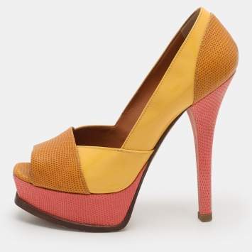 Pre Owned Fendi Tri Color Fendista Colorblock Lizard-Embossed Leather Peep Toe Platform Pumps Size 36