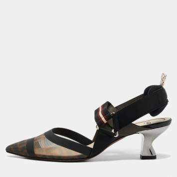 Pre Owned Fendi Brown/Black Zucca Mesh and Fabric Colibri Slingback Pumps Size 37.5
