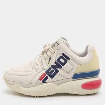 Pre Owned Fendi Off-White Leather and Rubber Fendi-Fila Mania Logo Low Top Sneakers 37.5