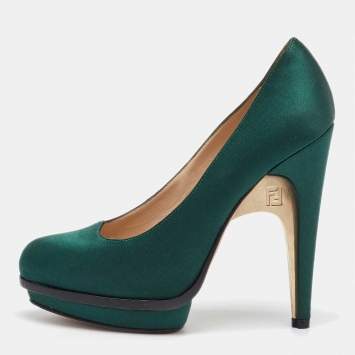 Pre Owned Fendi Dark Green Satin Bridge Heel Platform Pumps Size 38