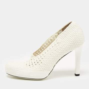 Pre Owned Fendi White Woven Fabric Square Pumps Size 39