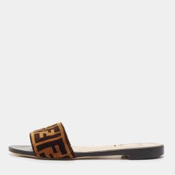 مملوكة مسبقًا Fendi Black/Brown Zucca Velvet Slide Flats Size 37