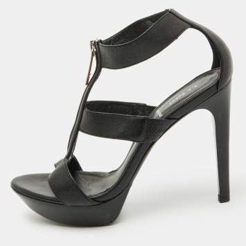 Pre Owned Fendi Black Leather Zipper Strappy Platform Sandals Size 37.5