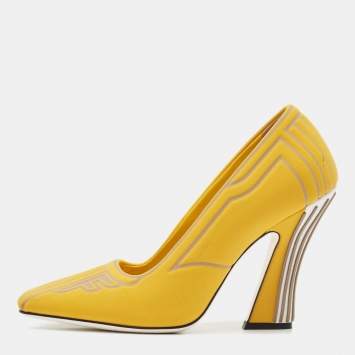 Pre Owned Fendi Yellow Fabric F Freedom Block Heel Pumps Size 38