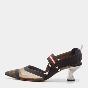 Pre Owned Fendi Brown Canvas and Mesh Colibri Slingback Pumps Size 35.5