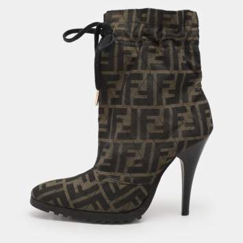 Pre Owned Fendi Green Zucca Canvas Ankle Length Boots Size 37.5