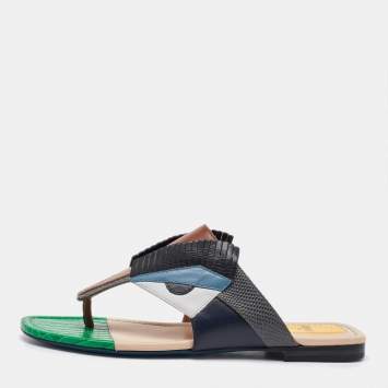 Pre Owned Fendi Multicolor Leather Bug Monster Flat Thong Sandals Size 37